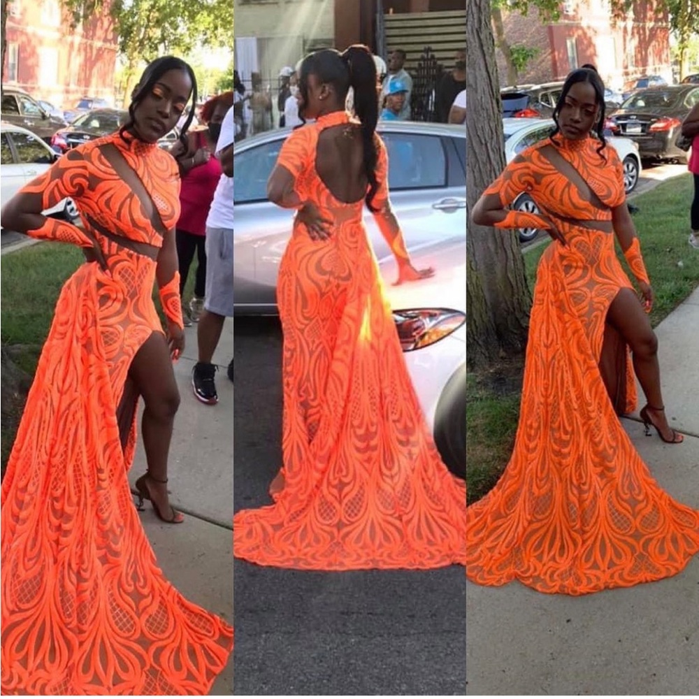 Custom prom dress.  Orange fits size small. Only worn it one time